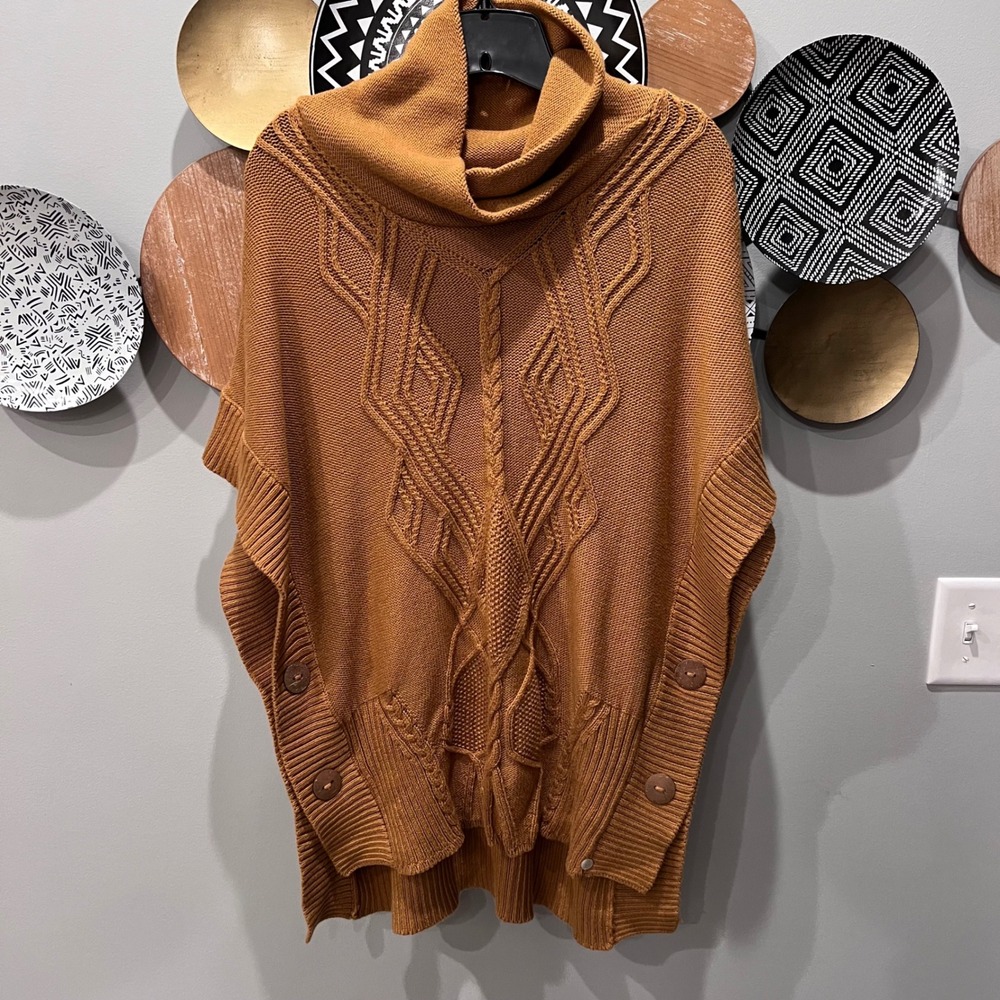 Pure Knits by Neon Buddha Brown Cable Knit Cowl Neck Poncho Sweater Medium